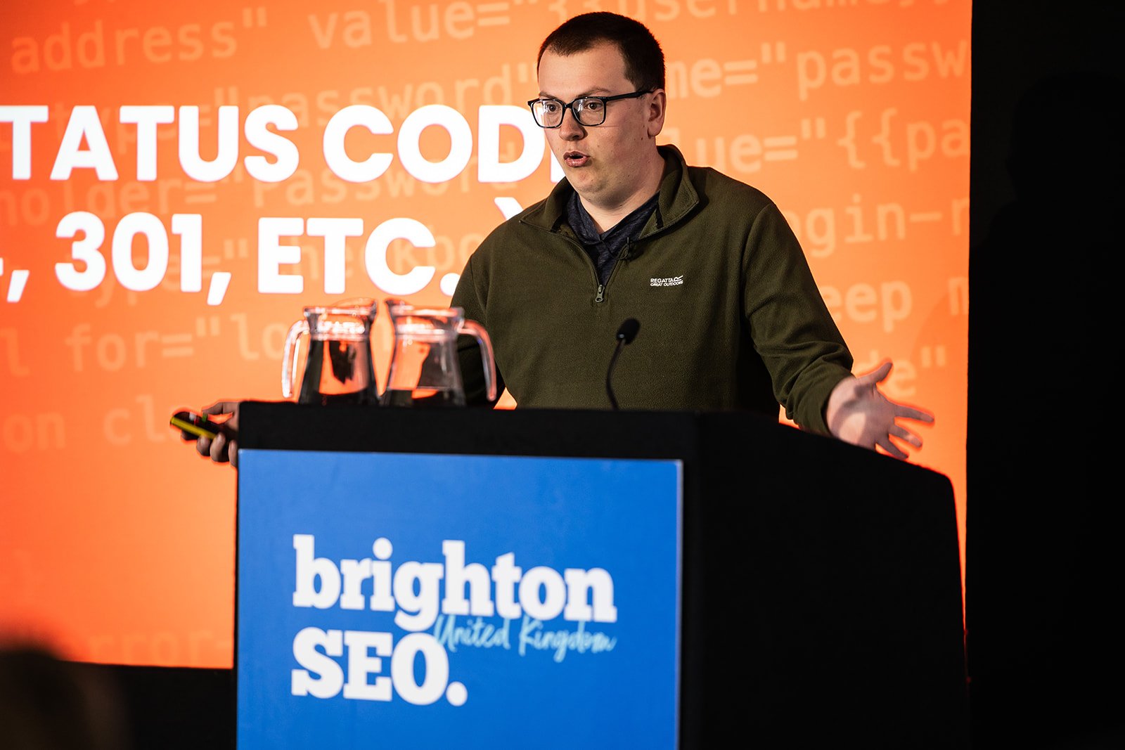 Jonathon speaking about HTTP status codes at BrightonSEO